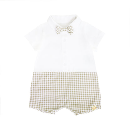Baby Boy Bow Tie Romper in Beige Gingham by Le Petit Society — image 6