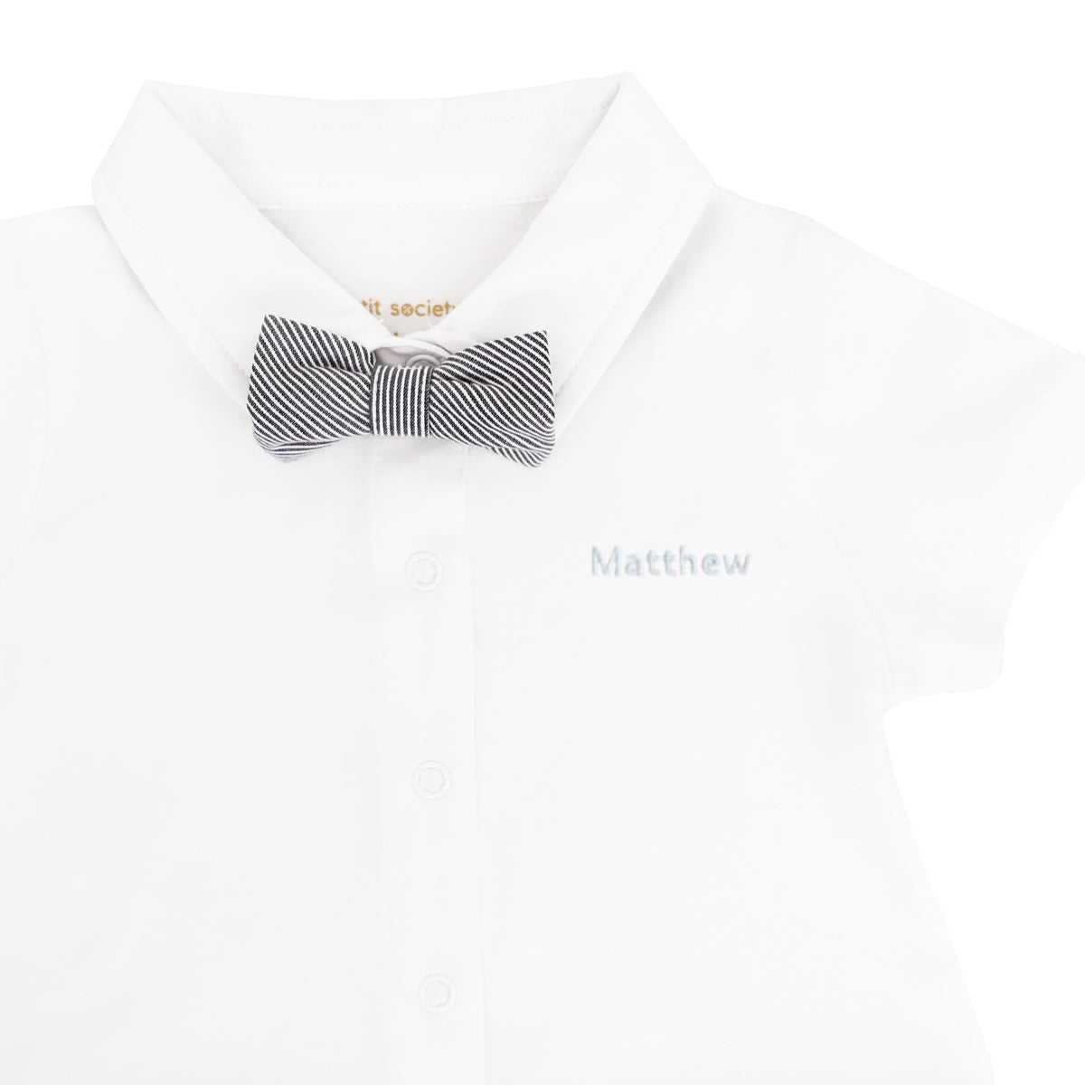 A baby boy bow tie romper with black stripes and a name embroidery personalisation on the left chest.
