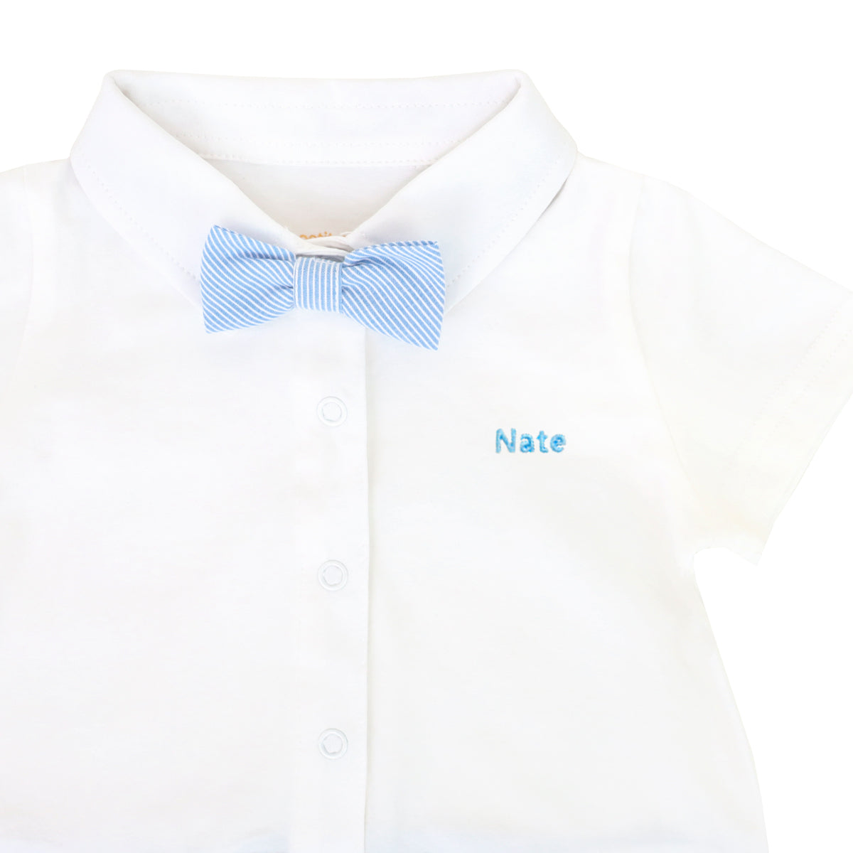 A baby boy bow tie romper with blue stripes and a name embroidery personalisation on the left chest.