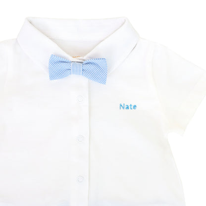A baby boy bow tie romper with blue stripes and a name embroidery personalisation on the left chest.