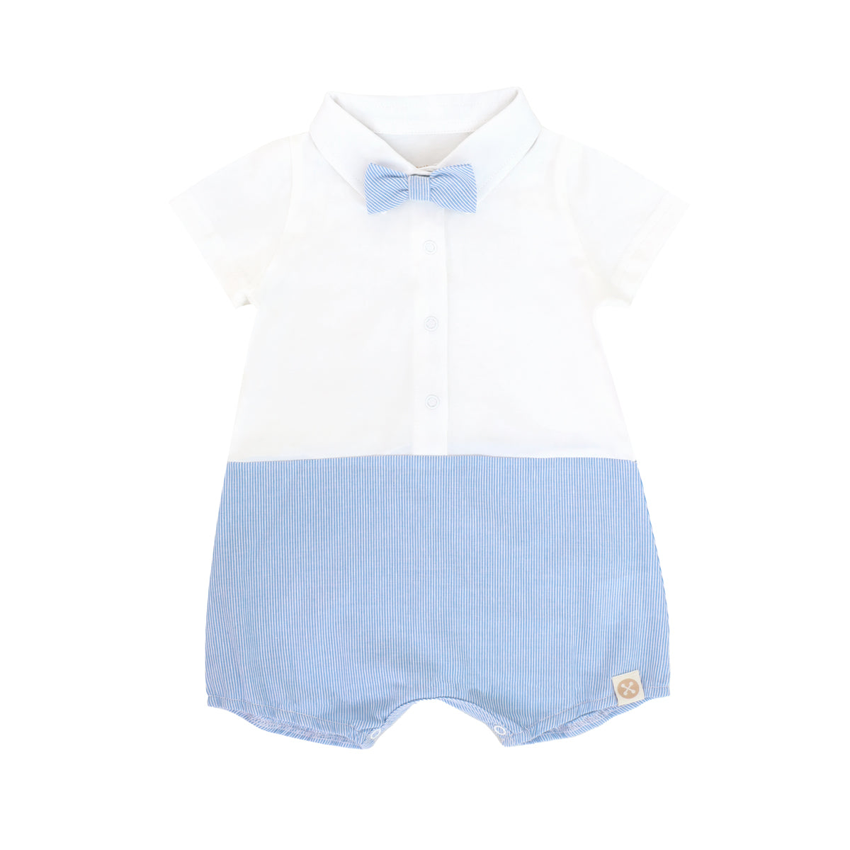 A baby boy romper in blue stripes from Le Petit Society. It comes with a detachable bow tie and snap closures down the front and in between the legs.