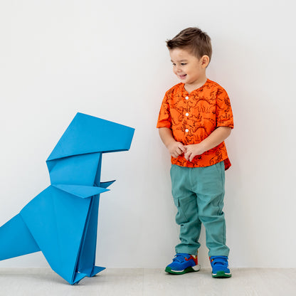 Made for Play - Boys Wide-Pocket Shirt in Dino Sketch Print in Orange by Le Petit Society — image 15