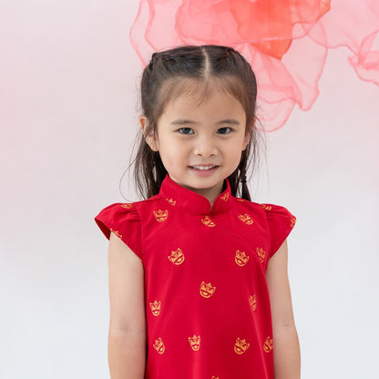 Red lion dance cheongsam for girls by Le Petit Society