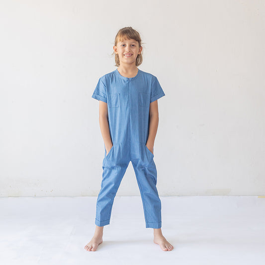 Kids Chambray Utility Jumpsuit by Le Petit Society