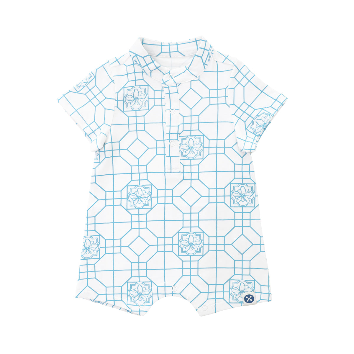Chinese Motif Series - Baby Boy Jersey Romper in Blue Orchid Motif by Le Petit Society — image 7