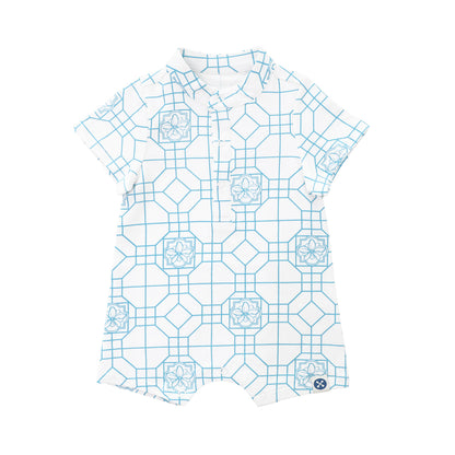 Chinese Motif Series - Baby Boy Jersey Romper in Blue Orchid Motif by Le Petit Society