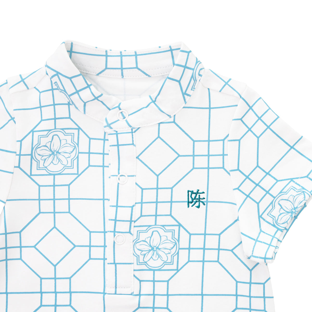 Chinese Motif Series - Baby Boy Jersey Romper in Blue Orchid Motif by Le Petit Society — image 3