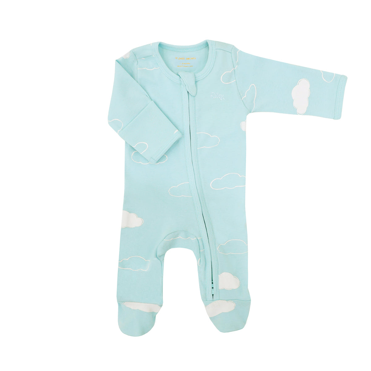 A baby organic zip sleepsuit with foldable mittens and footies by Le Petit Society, featuring a print of clouds over a teal base. 