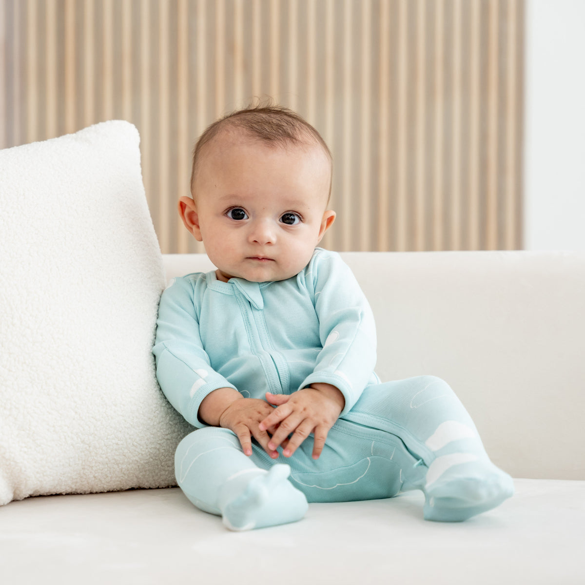 Baby Organic Zip Sleepsuit with Foldable Mittens & Footies in Cloud by Le Petit Society — image 16