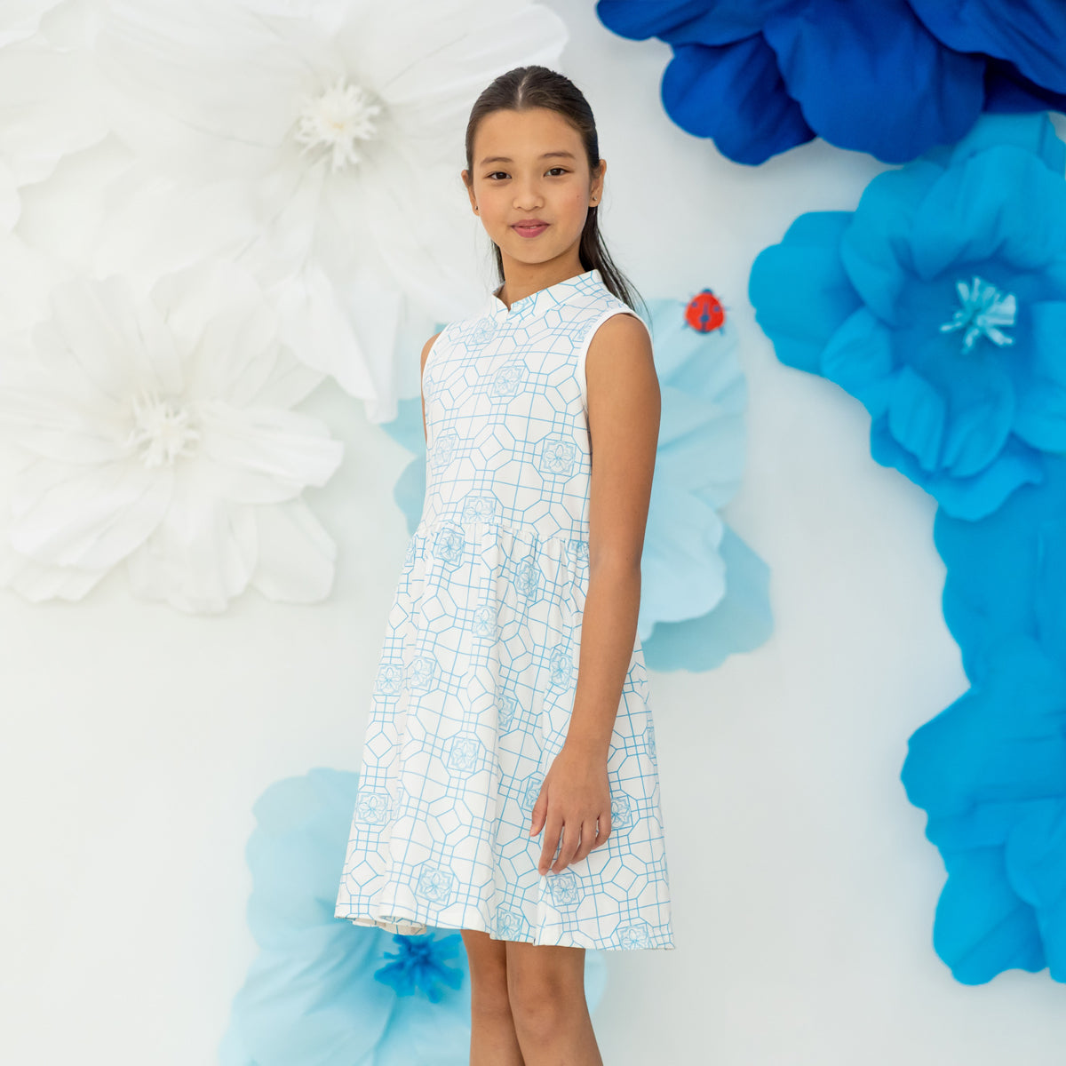 Chinese Motif Series - Girls Cheongsam Jersey Dress in Blue Orchid Motif by Le Petit Society — image 14