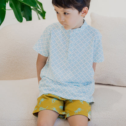 Chinese Motif Series - Boys Jersey Shirt in Blue Motif by Le Petit Society — image 2