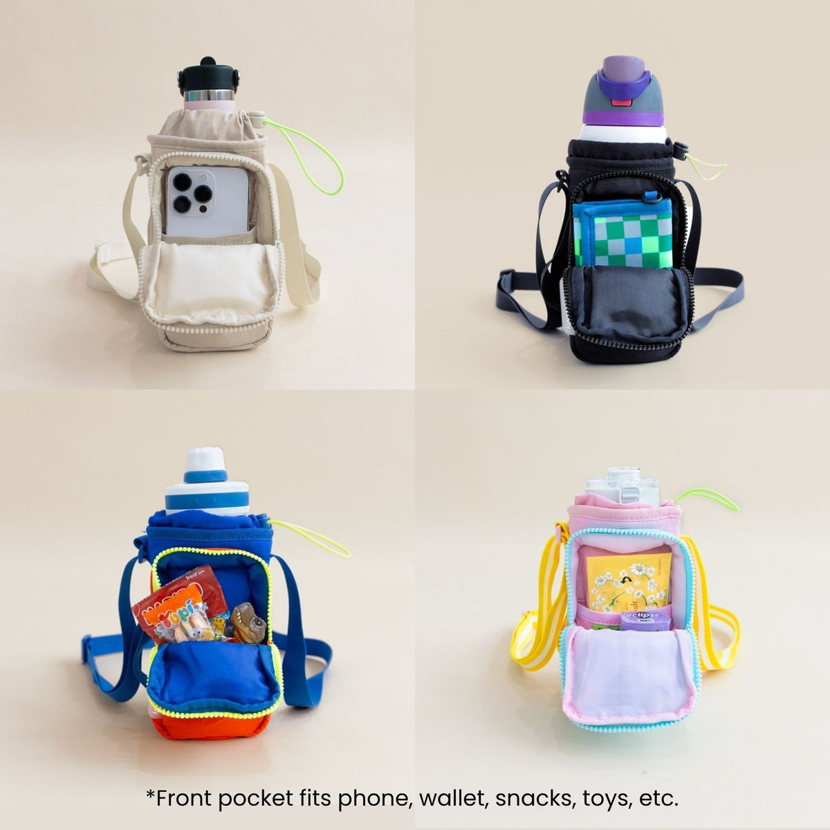 Various types of items being stored in the front pocket of a water bottle bag