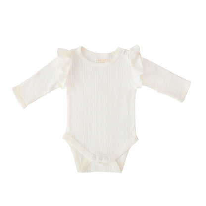 Baby Girl Long Sleeve Ruffle Romper in Cream Pointelle Cotton by Le Petit Society — image 11