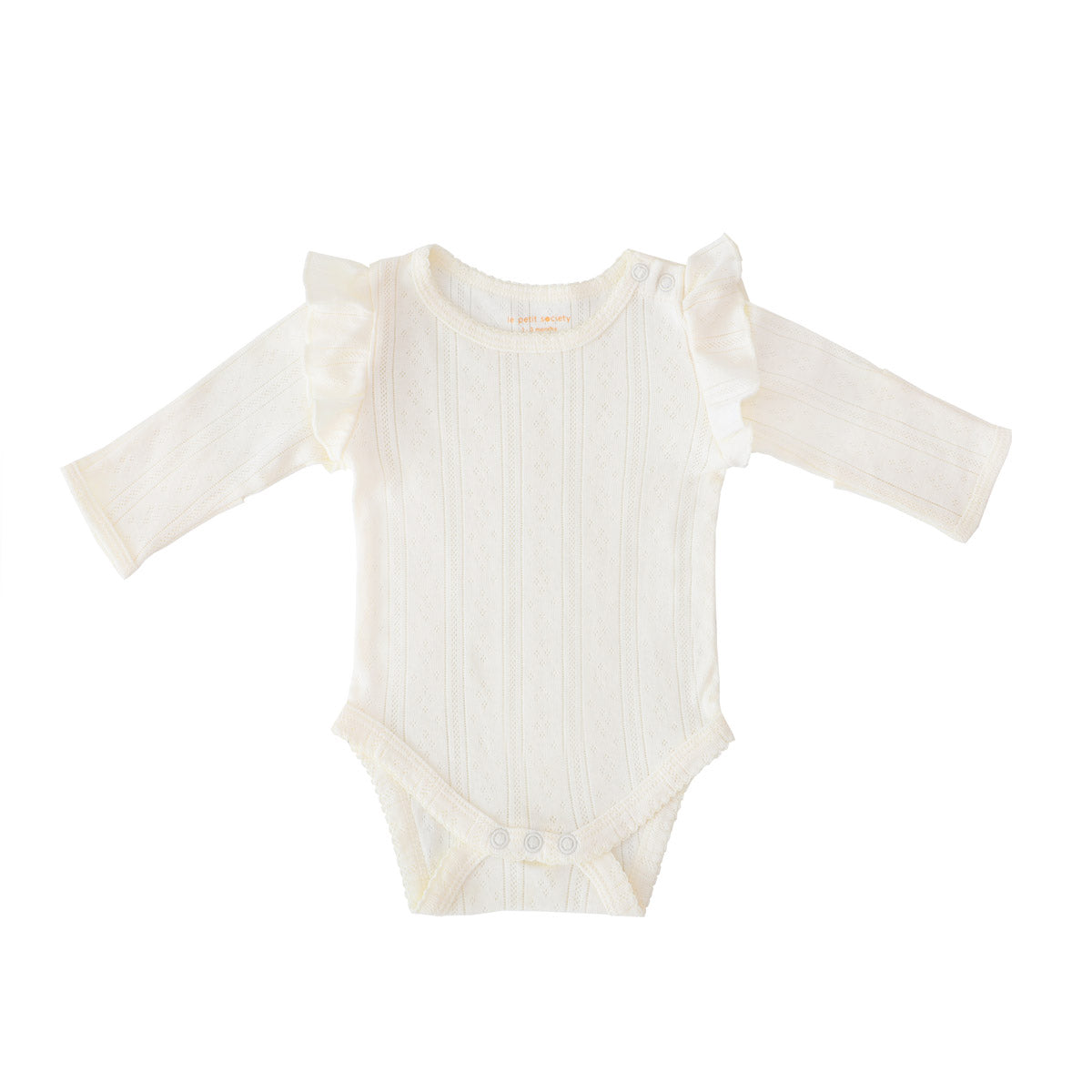 Baby Girl Long Sleeve Ruffle Romper in Cream Pointelle Cotton by Le Petit Society — image 14
