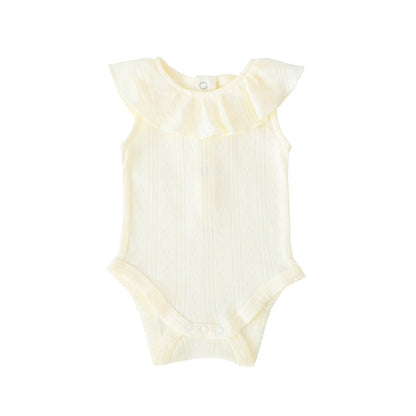 Baby Girl Ruffle Romper in Cream Pointelle Cotton by Le Petit Society