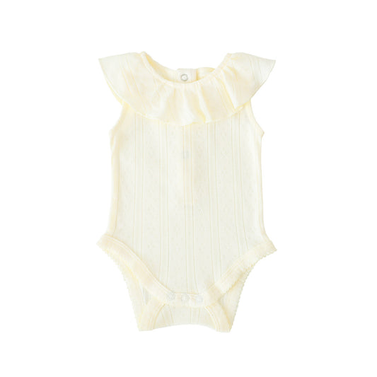 Baby Girl Ruffle Romper in Cream Pointelle Cotton by Le Petit Society