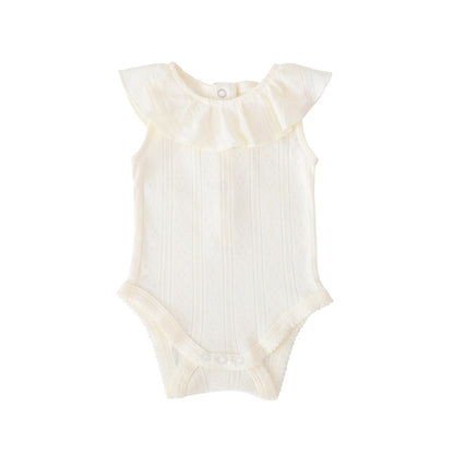 Baby Girl Ruffle Romper in Cream Pointelle Cotton by Le Petit Society — image 9