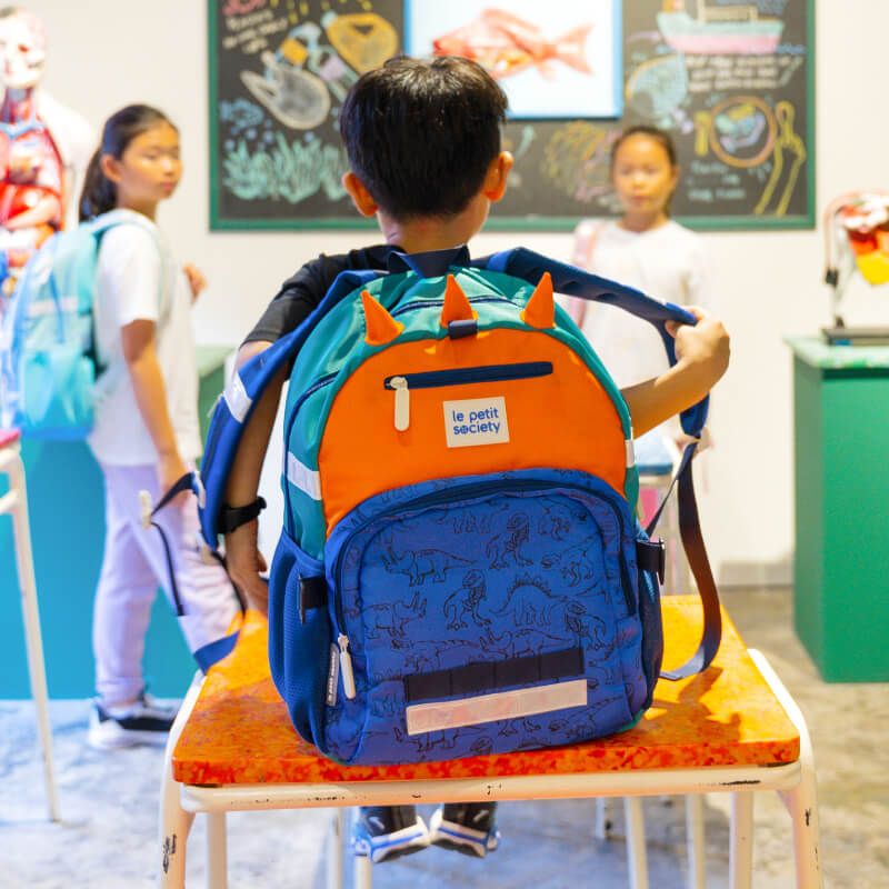 A primary school boy carrying the single pocket school bag in dinosaur design by Le Petit Society.