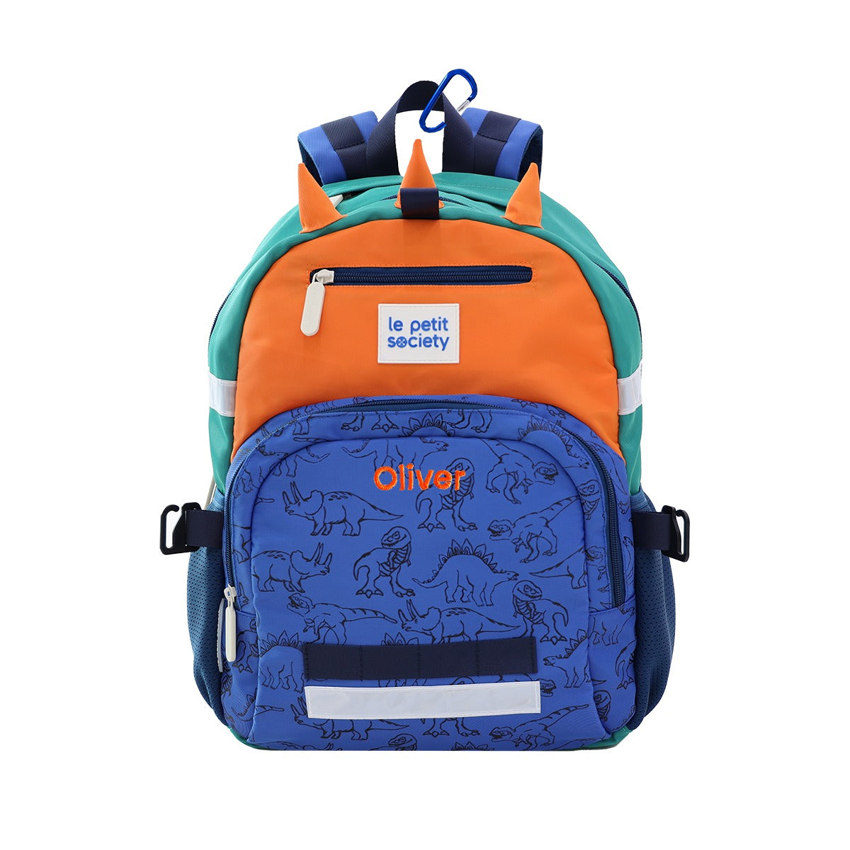 The LPS kids single pocket school bag with a dinosaur print and a personalised name embroidery.