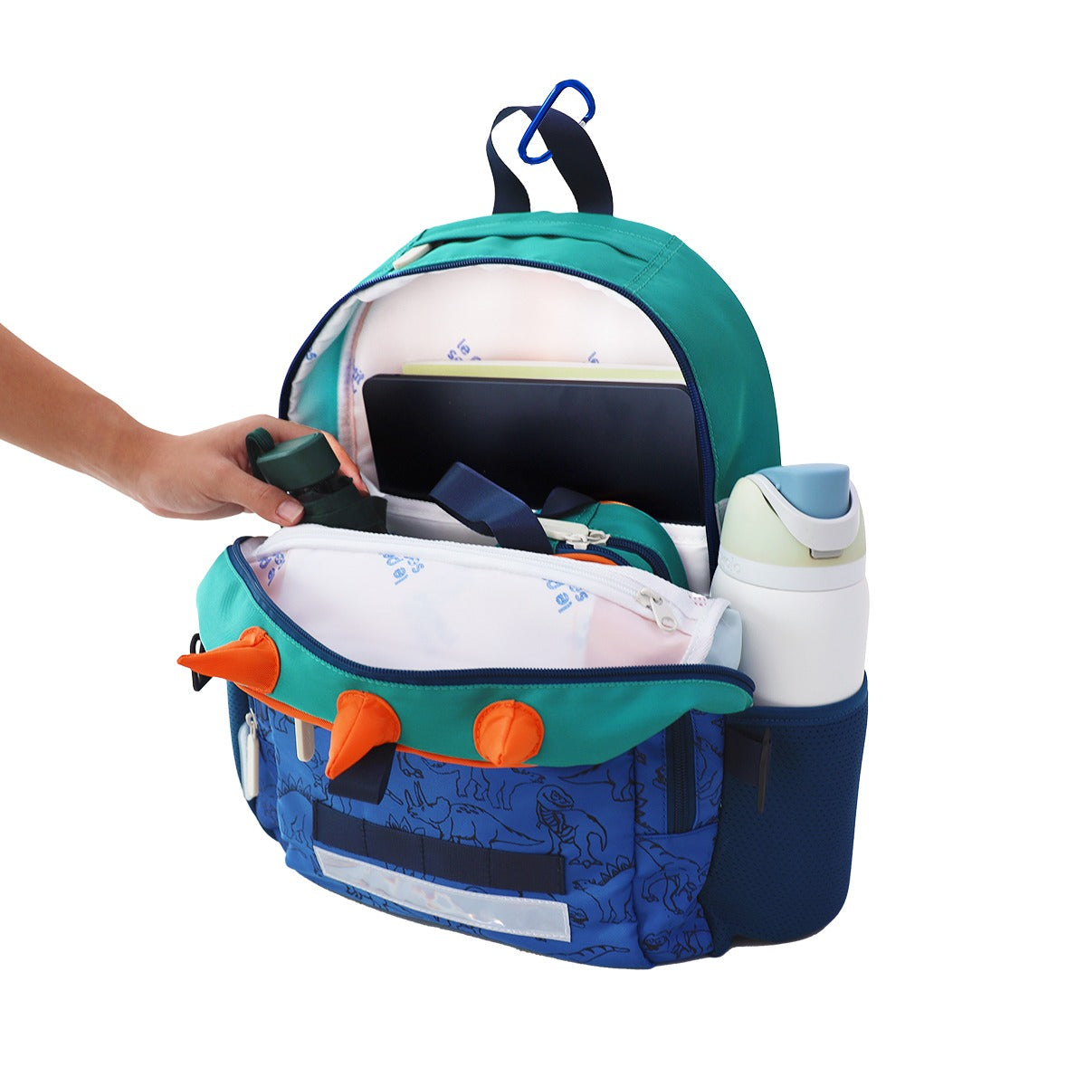 An umbrella, pencil case and school books being stored in the LPS kids single pocket school bag.