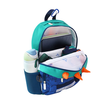 The LPS kids single pocket school bag containing a water bottle, umbrella, pencil case, laptop and notebooks.