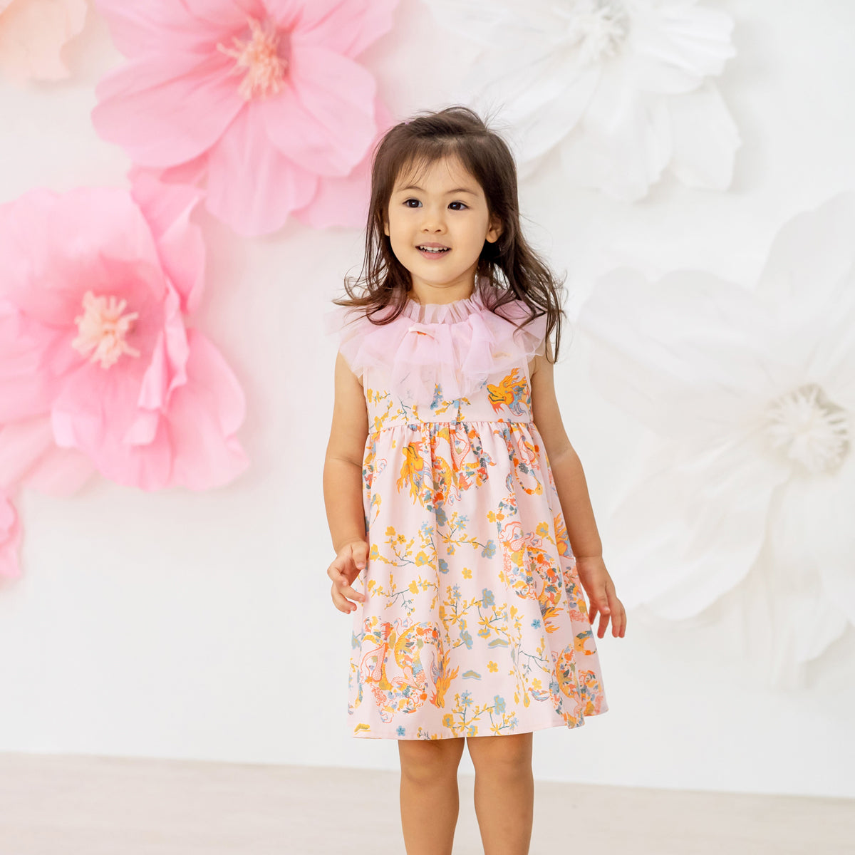 Dragon Series - Girls Ruffle Tulle Dress in Pink Floral Print by Le Petit Society — image 8
