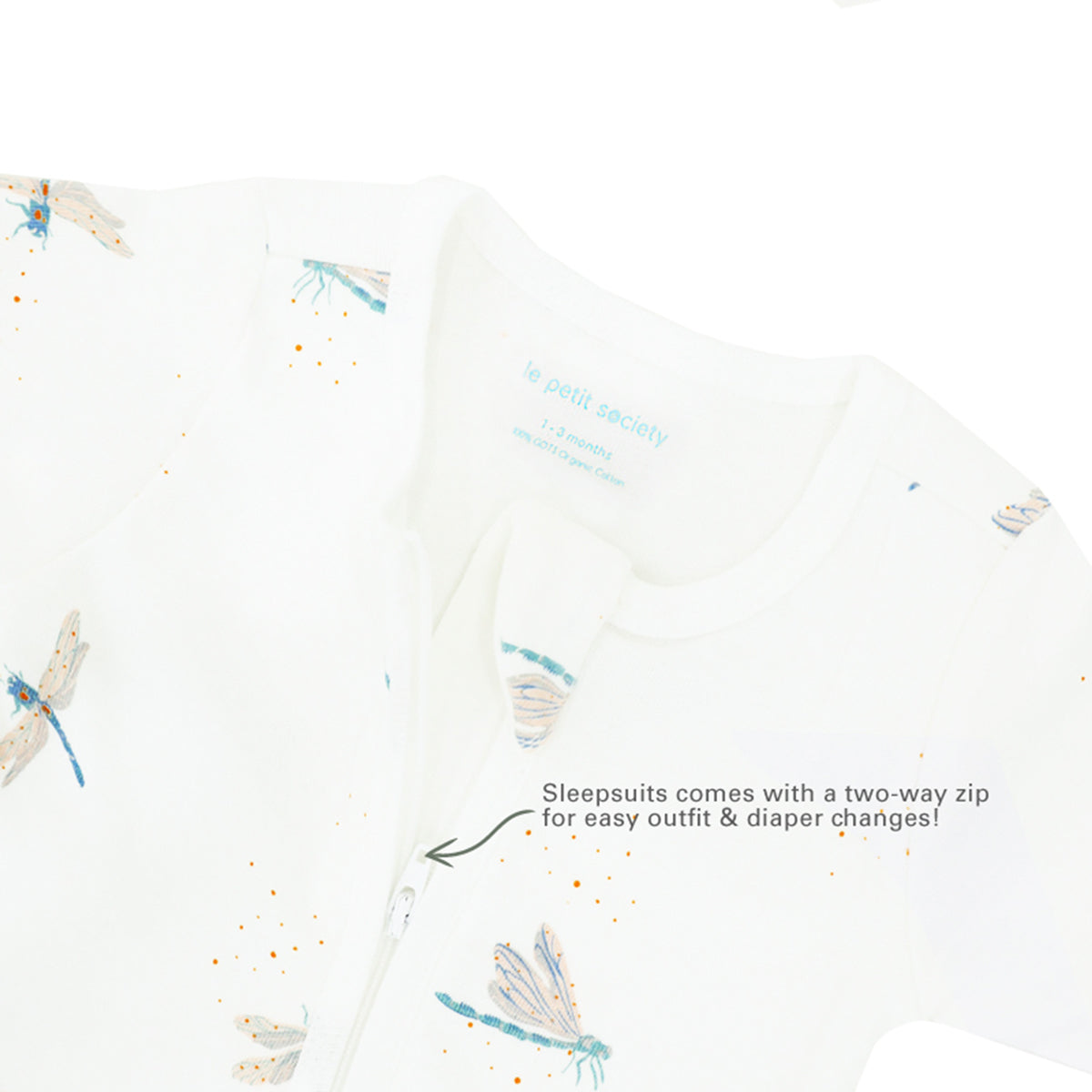 An infographic demonstrating the two-way zipper of a baby zip sleepsuit, and its function of providing an easy access to outfit and diaper changes.