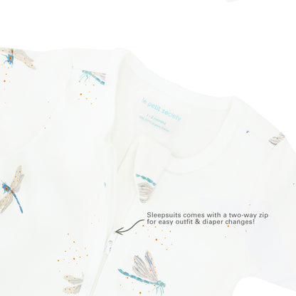 An infographic demonstrating the two-way zipper of a baby zip sleepsuit, and its function of providing an easy access to outfit and diaper changes.