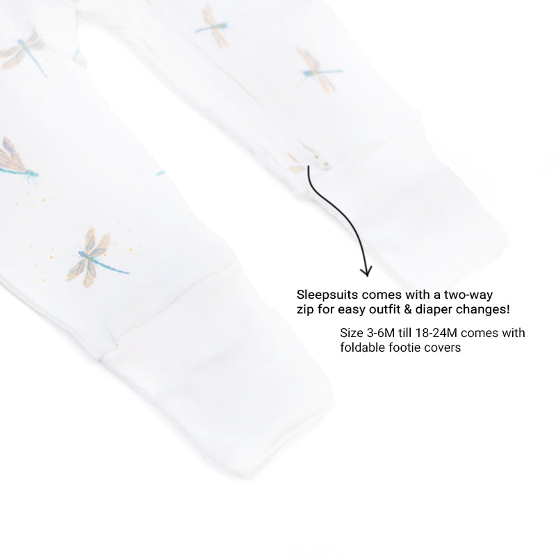 An infographic demonstrating the two-way zipper of a baby zip sleepsuit, and its function of providing an easy access to outfit and diaper changes.