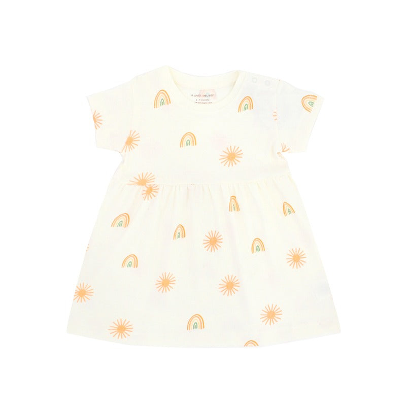 Baby Girl Organic Dress in Sun & Rainbow Print by Le Petit Society