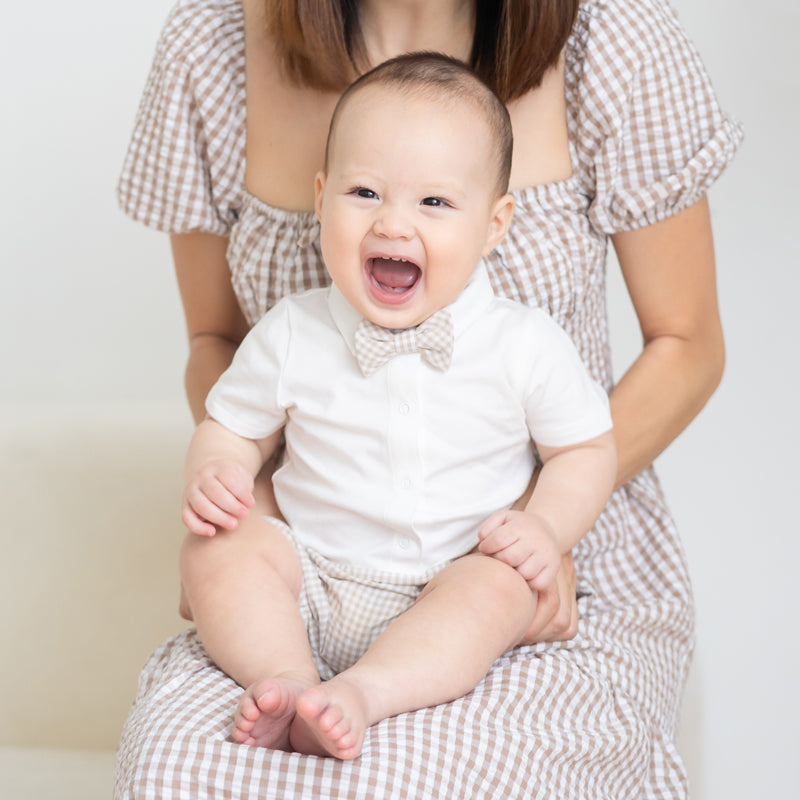 Papa & Mini - Baby Boy Bow Tie Romper in Beige Gingham (Past Season) by Le Petit Society — image 12
