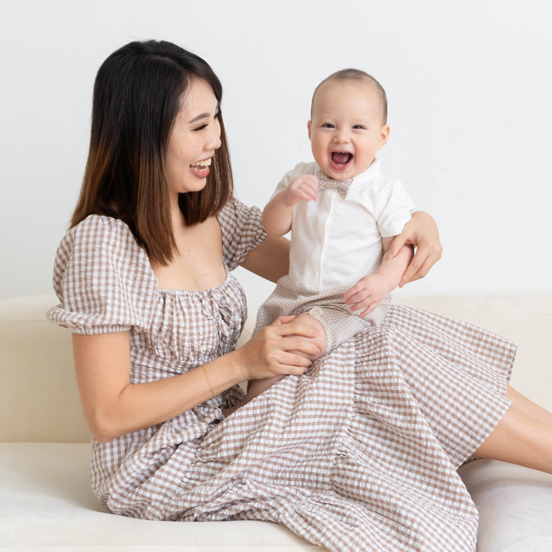 Papa & Mini - Baby Boy Bow Tie Romper in Beige Gingham (Past Season) by Le Petit Society — image 13