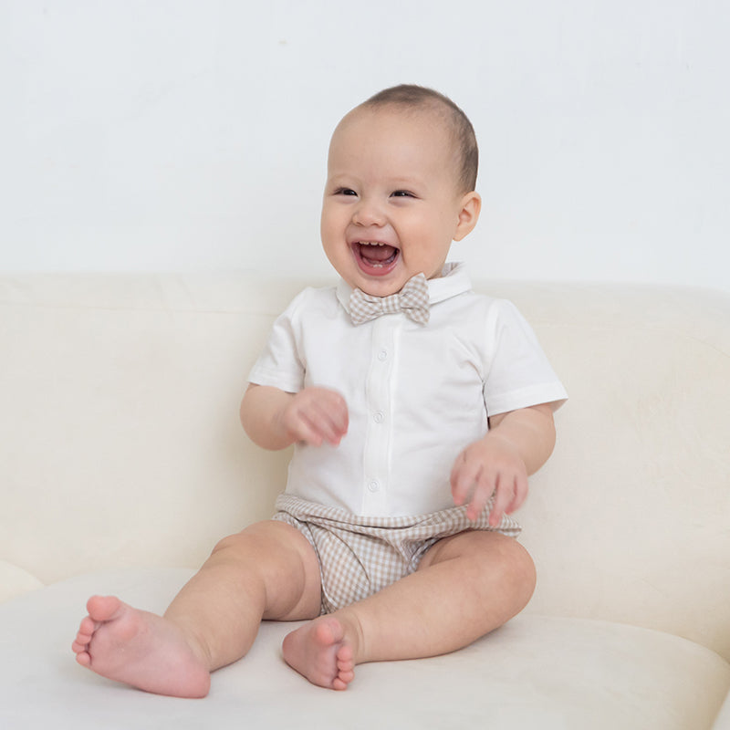 Papa & Mini - Baby Boy Bow Tie Romper in Beige Gingham (Past Season) by Le Petit Society — image 10