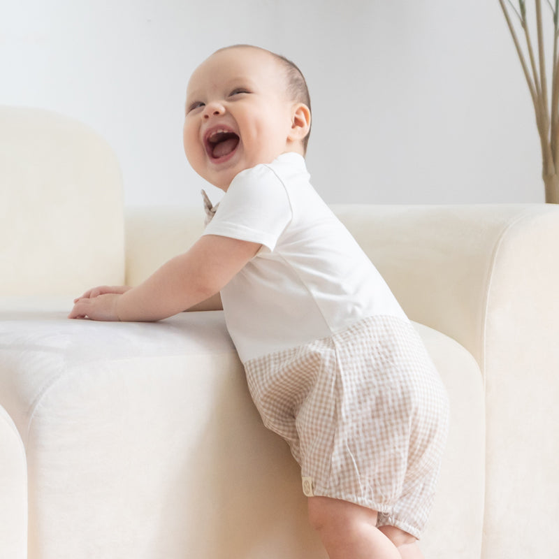 Papa & Mini - Baby Boy Bow Tie Romper in Beige Gingham (Past Season) by Le Petit Society — image 11