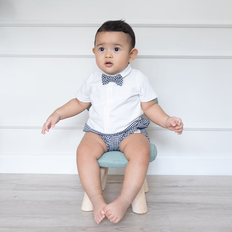 Papa & Mini - Baby Boy Bow Tie Romper in Black Gingham by Le Petit Society — image 5