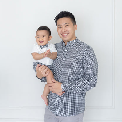 Papa & Mini - Baby Boy Bow Tie Romper in Black Gingham by Le Petit Society — image 6