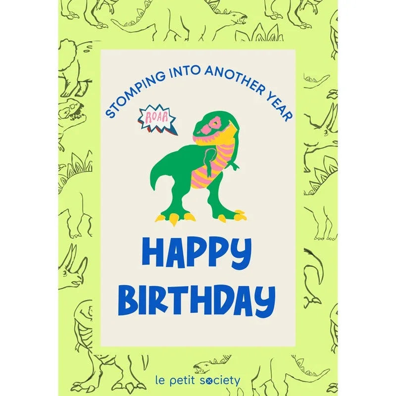 Le Petit Society birthday e-gift card with a dinosaur print and the text 'stomping into another year'