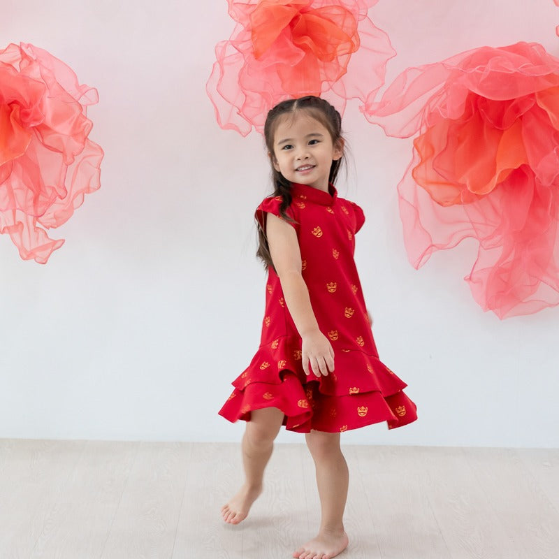Red lion dance cheongsam for girls by Le Petit Society