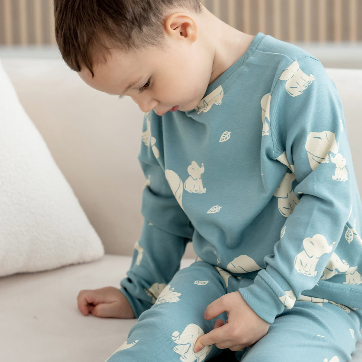 Kids Long Sleeve Organic Pyjamas Set in Elephant Print by Le Petit Society — image 2