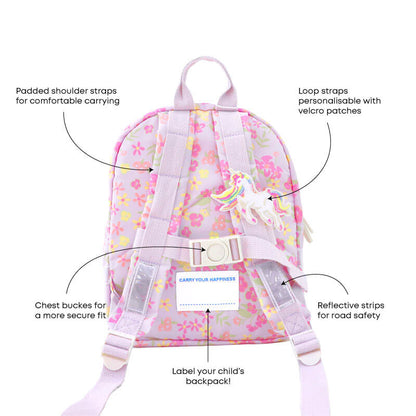 Infographic showing the various features of a purple preschool bag.