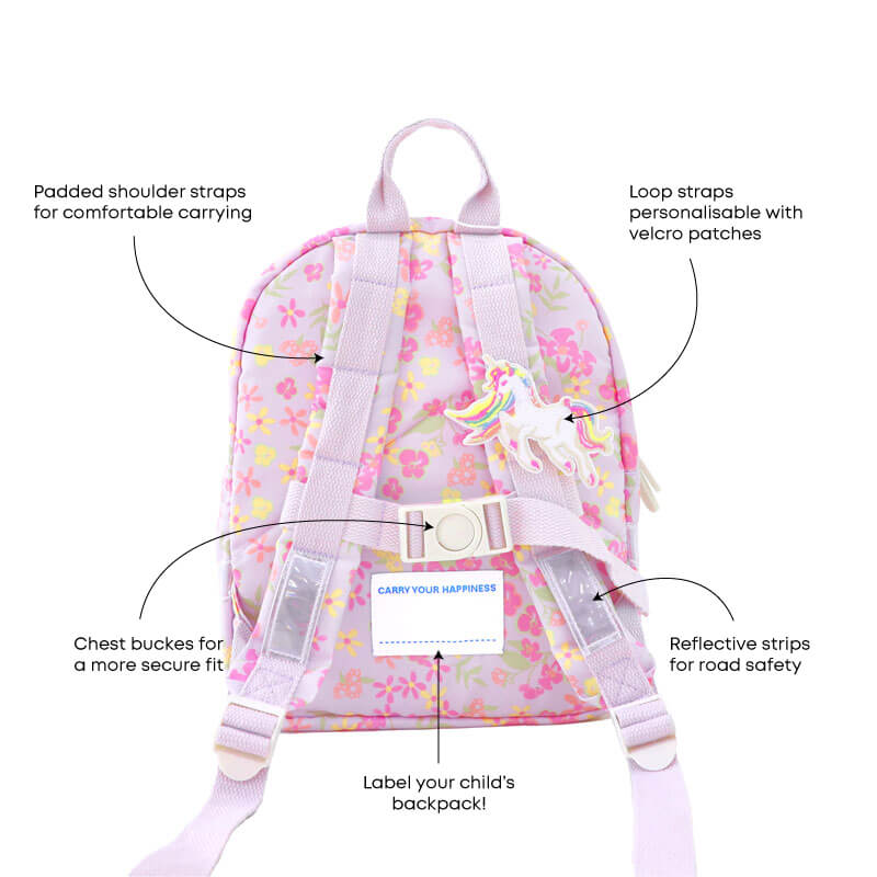 Infographic showing the various features of a purple preschool bag.
