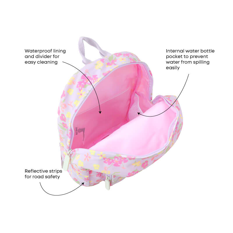 The various features of a floral preschool bag.