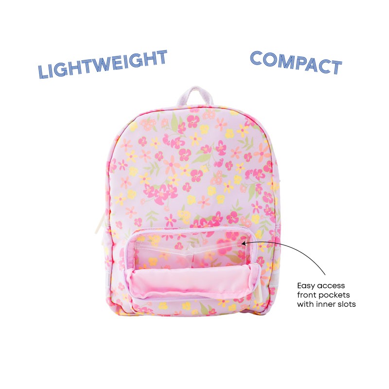Infographic showing the inner slots in the front pocket of a preschool bag.