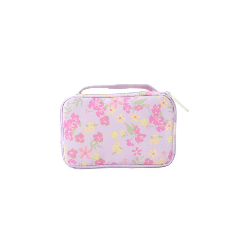 A purple pencil case and pouch with a floral design.