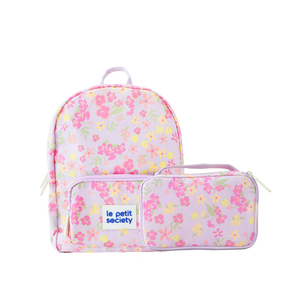 A purple preschool bag and pencil case bundle in pink and yellow floral print.