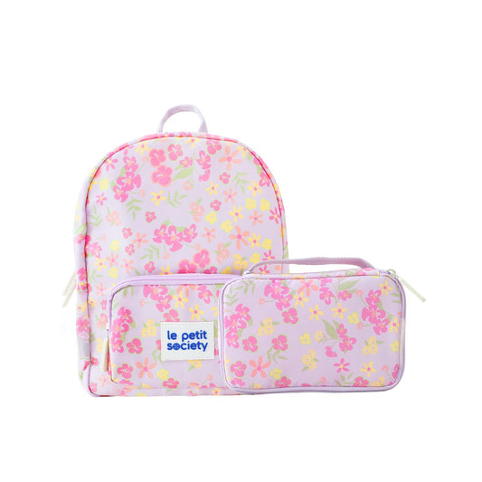 A purple preschool bag and pencil case bundle in pink and yellow floral print.