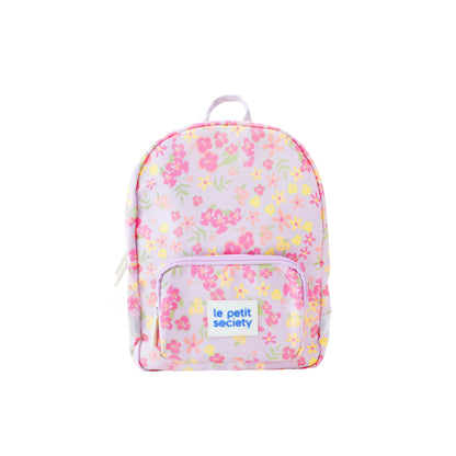 A purple preschool bag with pink and yellow floral print.