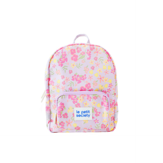 A purple preschool bag with pink and yellow floral print.