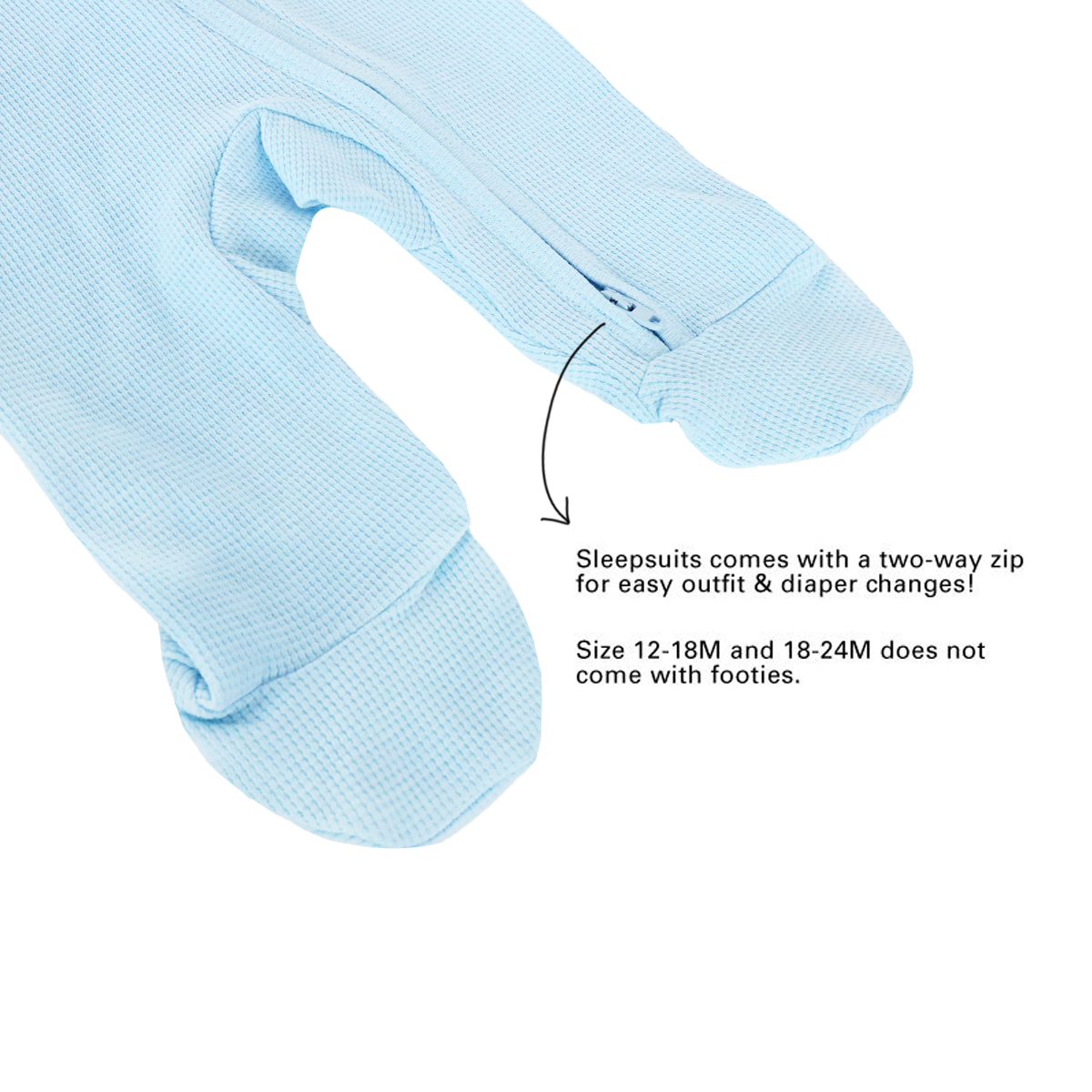 An infographic demonstrating the two-way zipper and lack of footies for size 12-18M and 18-24M of an organic baby sleepsuit in blue by Le Petit Society.
