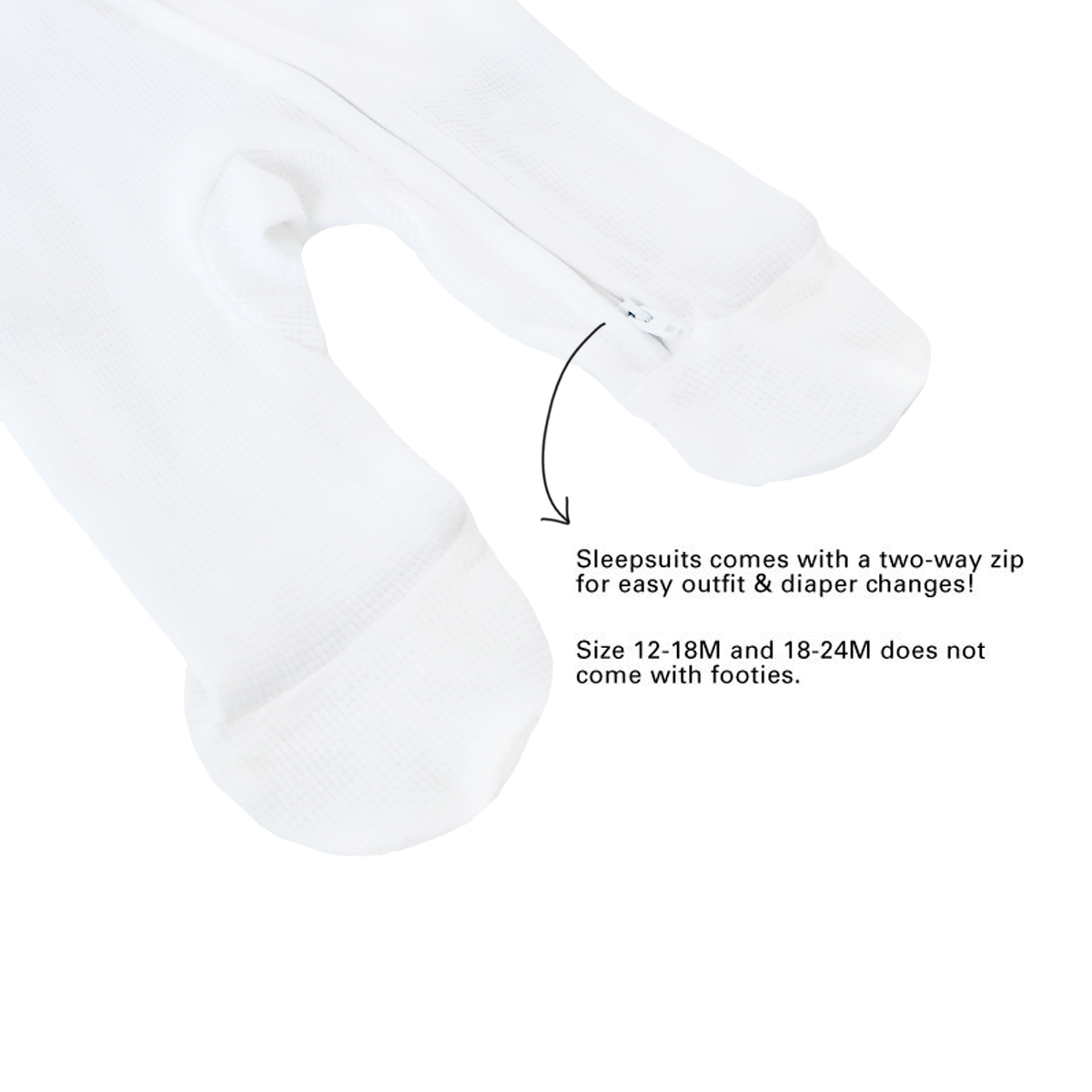An infographic demonstrating the two-way zipper and lack of footies for size 12-18M and 18-24M of an organic baby sleepsuit in white by Le Petit Society.